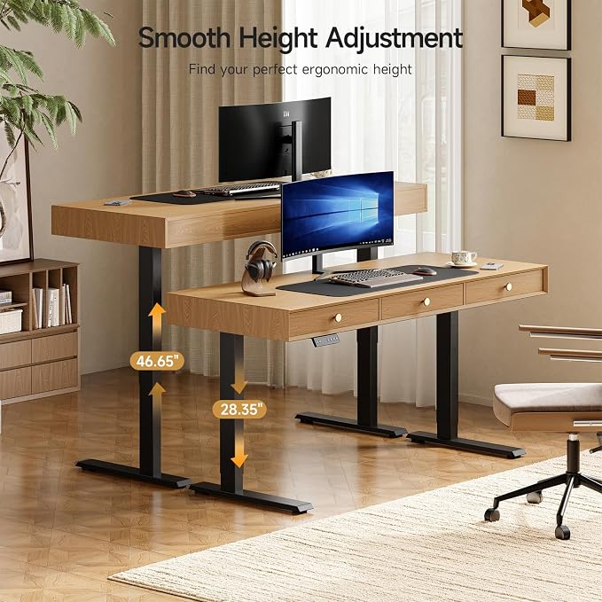Electric Standing Desk with 3 Drawers, 55 x 24 Inch Height Adjustable Stand up Desk with Storage and Widened Legs, Retro Home Office Desks with Memory Controller for Computer Workstation, Oak Brown