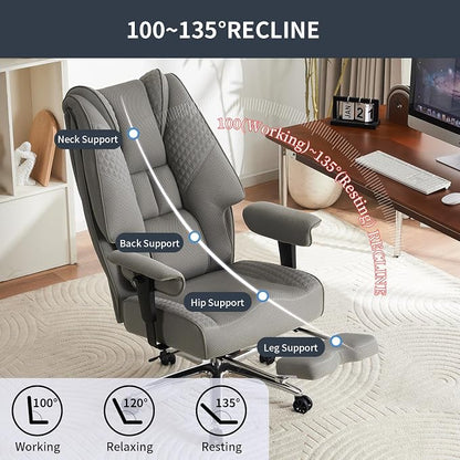 EXCEBET Big and Tall Office Chair 400lbs Wide Seat, Leather High Back Executive Office Chair with Foot Rest, Ergonomic Chairs Lumbar Support for Lower Back Pain Relief (Mesh Light Grey)