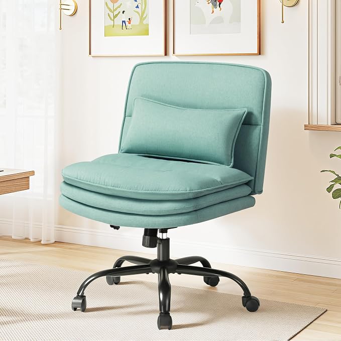 Furmax Criss Cross Legged Office Chair with Wheels, Armless Extra Wide Seat Swivel Desk Chair, Adjustable Height Comfy Task Chair with Thick Cushion for Home Office Bedroom Vanity (Fabric, Green)