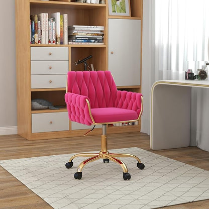 Velvet Home Office Chair, Modern Height-Adjustable Vanity Chair with Golden Base and Hand-Woven Backrest for Bedroom/Study/Vanity (Hot Pink)