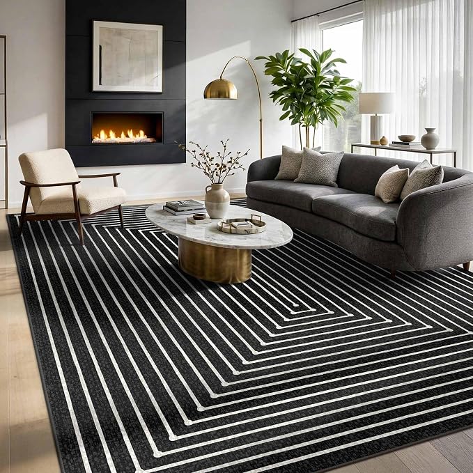 Latte&Fog 10x14 Area Rug for Living Room, Extra Large Black Modern Abstract Washable Rugs, Boho Non Slip Low Pile Carpet for Indoor Bedroom Dining Room, Office, Dorm, Classroom and Farmhouse