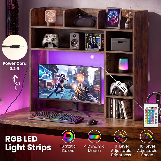 LDAILY Desktop Bookshelf with LED Lights, 35.5’’ Wooden Desk Shelf with 8 Cubes & 3 Adjustable Storage Shelves, 5-Tier Desk Hutch for Dorm College Office Computer Monitor Up to 25’’(Rustic Brown)