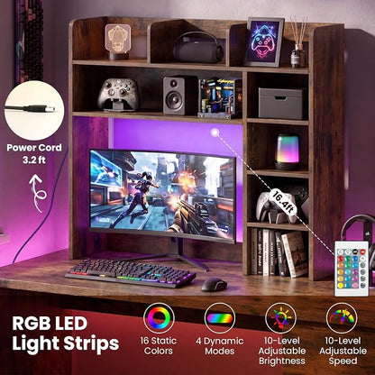LDAILY Desktop Bookshelf with LED Lights, 35.5’’ Wooden Desk Shelf with 8 Cubes & 3 Adjustable Storage Shelves, 5-Tier Desk Hutch for Dorm College Office Computer Monitor Up to 25’’(Rustic Brown)