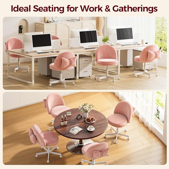 GTPLAYER Velvet Tall Office Chair with Wheels Vanity Chairs with Back, Versatile Height Use: Office to Bar Stools Small Ergonomic Comfy Armlees Computer Desk Chair with Bow Lumbar Pillow for Gift