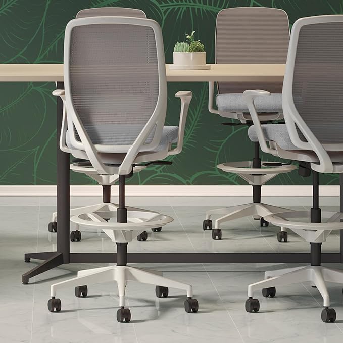 HON Nucleus Task Stool, Ergonomic Office Chair, Home Office Desk Chairs, Synchro-Tilt with Seat Slider, Adjustable Footring, Height-Width Adjustable Arms, Fog Mesh, White Frame, Aspen