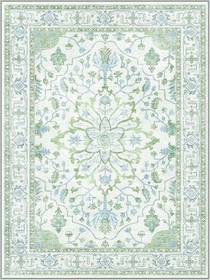 RELEANY Area Rugs 5'x8' Washable Non-Slip, Floral Vintage Distress Medallion Carpet for Living Room Bedroom Dining Room, Green White Blue