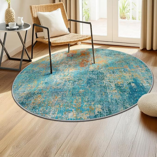 RELEANY Washable Area Rugs 4ft Non-Slip Modern Abstract Soft for Living Room Entryway Bedroom Kitchen, Print Pattern, Teal Blue Green Orange Rust Red Coloreful