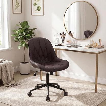 Rowill Modern Office Chair - Ergonomic Swivel Leather Desk Chair with Curved Backrest, Height Adjustable Rolling with Wheels, Perfect for Study Room & Office, Brown
