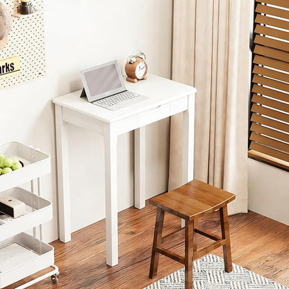 Solid Wooden Desk with Drawers - 24 x 16 Inch Narrow Desks for Small Spaces, Rubberwood Simple Study Table, Small Writing Desk for Bedroom - Modern White Desks