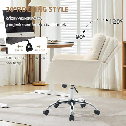 YITAI Adjustable Home Office Desk Chair with Comfy Square Mid-Back, Faux Leather 360 Swivel Upholstered Task Armchair with Wheels for Vanity Bedroom/Living Room,White