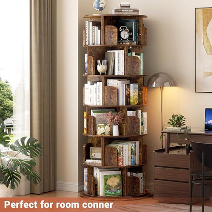 Besiost Rotating Bookshelf Tower, 6 Tier Spinning Bookcase, Revolving 360 Book Shelf Narrow Tall Bookcase, Vertical Turning Round Bookshelf Organizer, Corner Bookshelf for Small Space, Rustic Brown