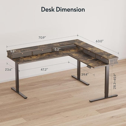 SANODESK 71" L Shaped Standing Desk with 4 Drawers, Height Adjustable Stand up Desk, Corner Gaming Desk with Monitor Stand, Black Frame/Rustic Brown Top