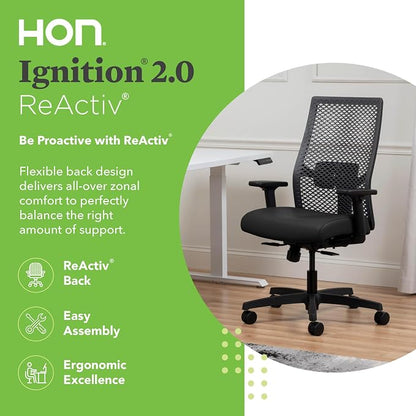HON Ignition 2.0 ReActiv Ergonomic Office Chair, Mesh Desk Chair with Lumbar Support, Synchro‑Tilt Recline, Height and Width Adjustable Arms, Swivel Wheels, Black Frame, Black