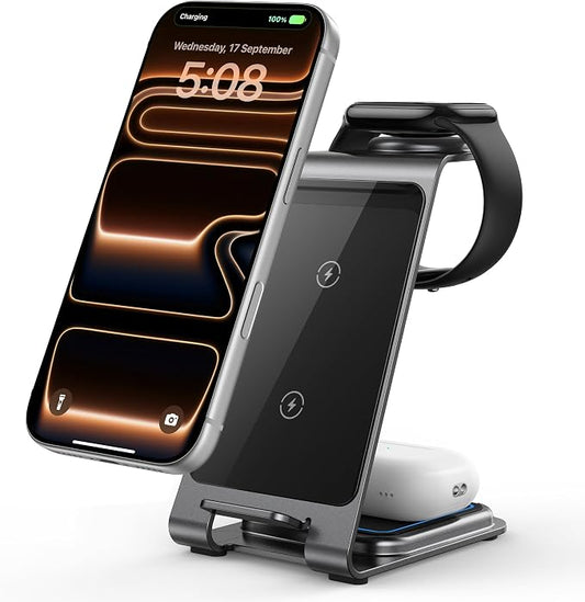 Intoval Aluminum 3 in 1 Wireless Charging Station for iPhone 17 16 15 14 13 12 11 Pro Max XR, Wireless Charger for Apple Watch 11 10 9 8 7 Ultra SE 3 2, Phone Charger for AirPods 4 Pro 2 3 (Grey)