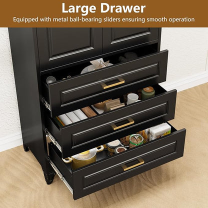 Polup Kitchen Pantry Cabinet, 75" Tall Pantry Cabinet with Three Drawers, Metal Storage Cabinets with Doors and Shelves, Freestanding Food Cupboard for Dining, Living Room, Black, Assembly Required