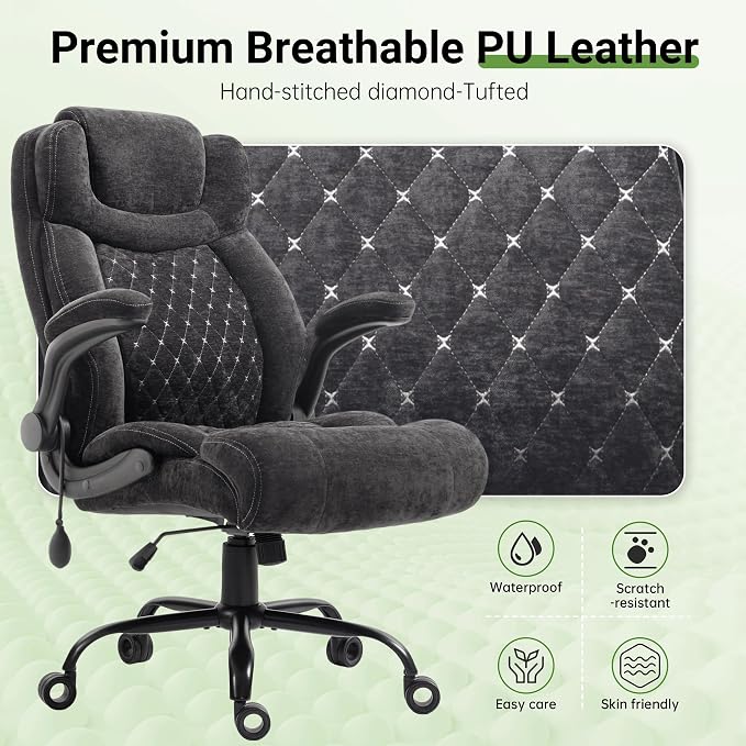 Office Chair, Big and Tall Executive Chairs with Lumbar Support for Back Pain,Breathable Desk Computer Chair with Adjustable Flip-up Armrests,Wide Cushion Swivel Home Office Chair Fabric black