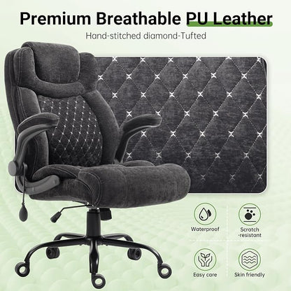 Office Chair, Big and Tall Executive Chairs with Lumbar Support for Back Pain,Breathable Desk Computer Chair with Adjustable Flip-up Armrests,Wide Cushion Swivel Home Office Chair Fabric black