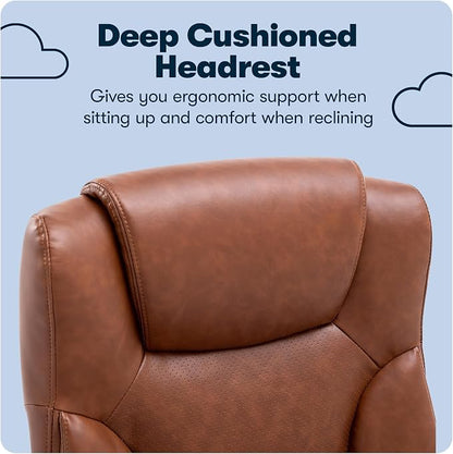 Serta Connor Executive Office Chair, Ergonomic Computer Chair with Layered Body Pillows, Contoured Lumbar, Adjustable Seat Height, Bonded Leather, Cognac