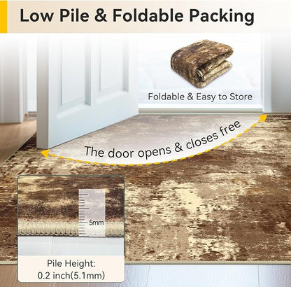 RELEANY Washable Area Rugs 2'x6' Non-Slip Modern Abstract Soft for Living Room Entryway Bedroom Kitchen, Print Pattern, Brown Tan Beige Coffee
