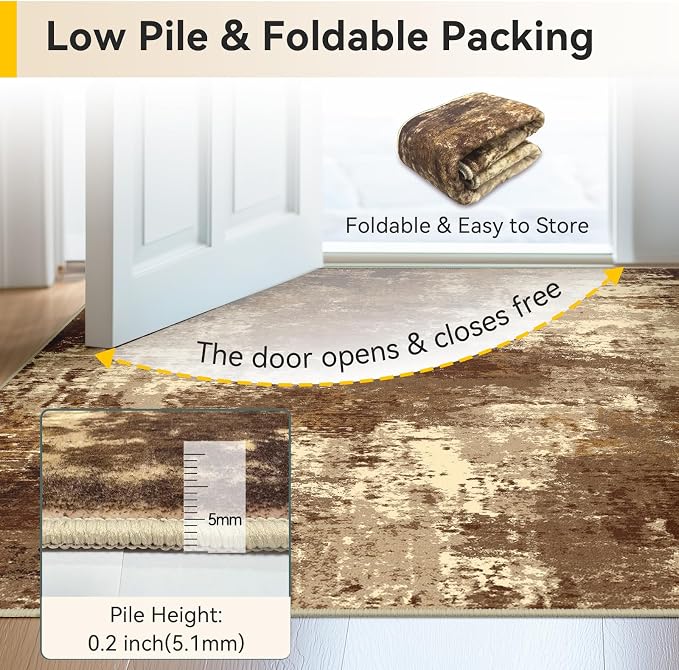 RELEANY Washable Area Rugs Square 8ft Non-Slip Modern Abstract Soft for Living Room Entryway Bedroom Kitchen, Print Pattern, Brown Tan Beige Coffee