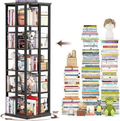 Aheaplus Rotating Bookshelf, Corner Bookcase, 360 Display Wood Spinning Bookshelves, Floor Standing Bookcase Narrow Shelf,5 Tiers, Grey Oak