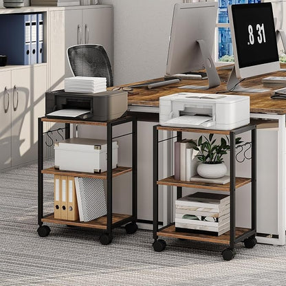 MAHANCRIS Printer Stand, 3-Tier Under Desk Rolling Cart with Storage Shelf, Heavy Duty Printer Table with Wheels for Home and Office, Printer Shelf with 2 Hooks, Small Spaces, Rustic Brown PTHR4001Z