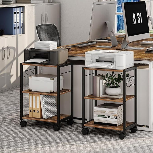 MAHANCRIS Printer Stand, 3-Tier Under Desk Rolling Cart with Storage Shelf, Heavy Duty Printer Table with Wheels for Home and Office, Printer Shelf with 2 Hooks, Small Spaces, Rustic Brown PTHR4001Z