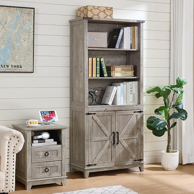 Joaxswe 5 Tier Bookshelf 70in Tall Bookcase with Barn Doors and Storage Cabinet, Grey Farmhouse Book Shelf with Adjustable Shelves, Wood Freestanding Display Bookshelves for Bedroom, Kitchen (3 PCS)