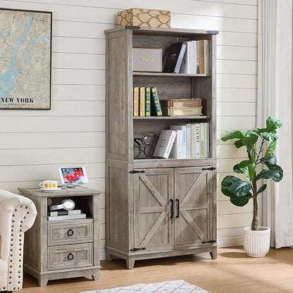 Joaxswe 70in Tall Bookshelf 5 Tier Bookcase with Barn Doors and Adjustable Shelves, Grey Farmhouse Book Shelf with Storage Cabinet, Wood Freestanding Display Bookshelves for Bedroom, Living Room