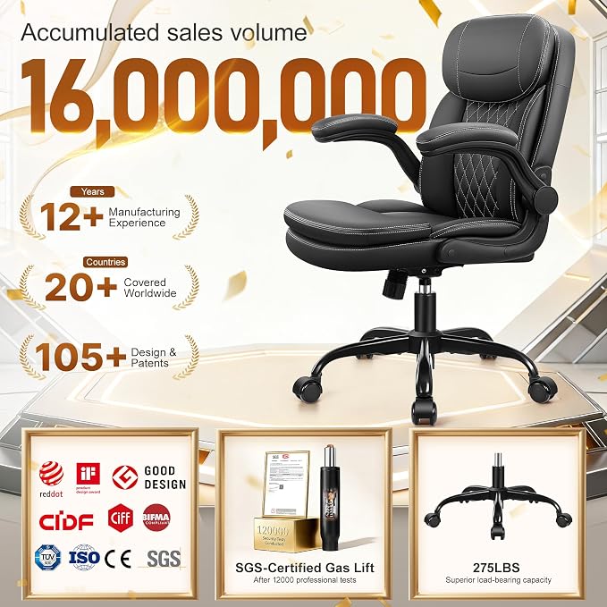 Leather Office Chair, Upgraded PU Computer Desk Chairs with Double-Layer Seat Cushion and Neckrest, 360°Swivel, Ergonomic Small Gaming Chair with Wheels and Adjustable Armrests for Short People, Black