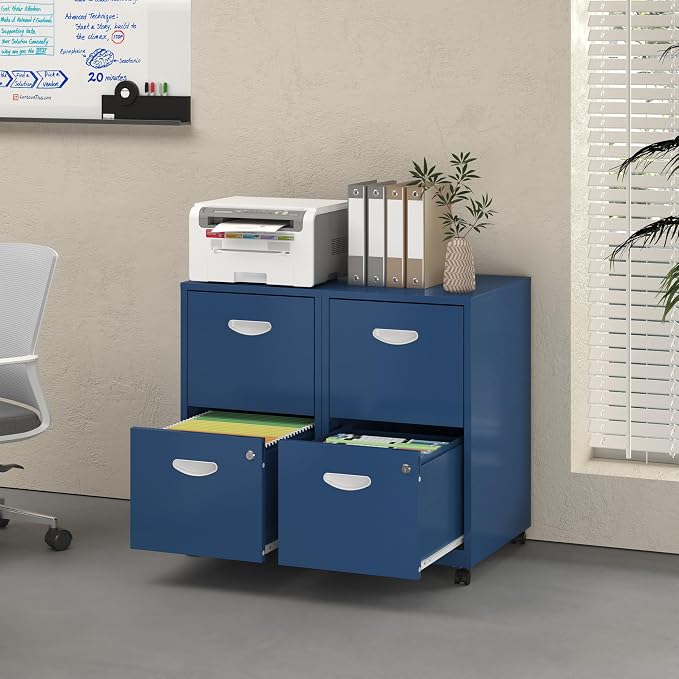 UNICOLY 2 Drawer File Cabinet with Lock, Filing Cabinets with Wheels, Rolling File Cabinets for Home Office, Metal Office File Cabinet, Mobile Filing Cabinet for Holding Letters and File Boxes, Blue