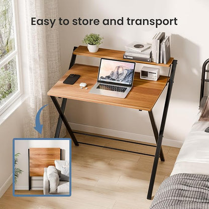 DUMOS Small Folding Desk with Shelf, No-Assembly Foldable Computer Desk for Tight Spaces, Portable Table for Bedroom, Home Office, Dorm or Apartment, Brown