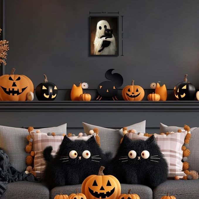 Framed Vintage Halloween Ghost Wall Art, Cute Ghost Hugging Black Cat Canvas Print, Cozy Dark Academia Gothic Halloween Decor for Living Room Bedroom, 8x10in Wood Frame
