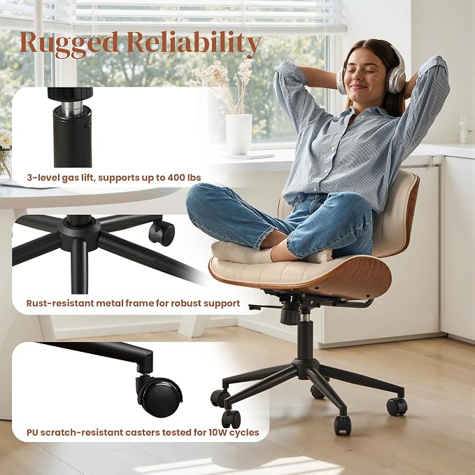 Home Office Desk Chair with Wheels, Adjustable Height Armless Desk Chairs, PU Leather Mid Back 360° Small Computer Chair for Study Meeting Makeup Room (White Stripe)