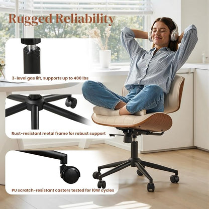 Home Office Desk Chair with Wheels, Adjustable Height Armless Desk Chairs, PU Leather Mid Back 360° Small Computer Chair for Study Meeting Makeup Room (White Stripe)