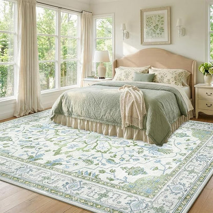 RELEANY Area Rugs 8'x10' Washable Non-Slip, Floral Vintage Distress Medallion Carpet for Living Room Bedroom Dining Room, Green White Blue