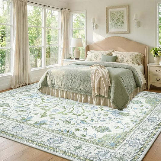 RELEANY Area Rugs 8'x10' Washable Non-Slip, Floral Vintage Distress Medallion Carpet for Living Room Bedroom Dining Room, Green White Blue