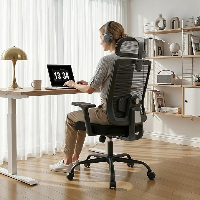 Ergonomic Office Chair Mesh Back, Office Desk Chair with Adjustable Lumbar Support, Rolling Work Chairs with Wheels and 3D Headrest, Set of 4, Black