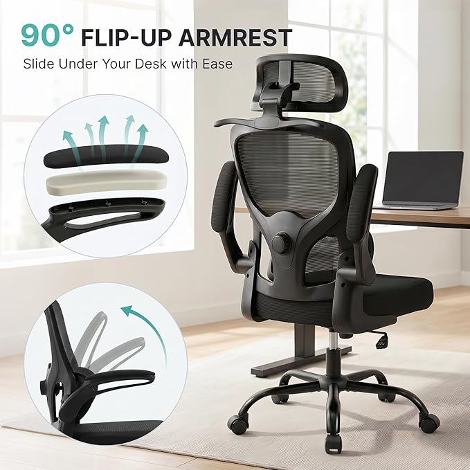 Ergonomic Mesh Office Chair,330LB Capacity High Back Desk Chair with Adjustable Lumbar Support, Adjustable Headrest & Flip-Up Arms,Breathable Computer Chair for Home Office,Work & Study,3pcs