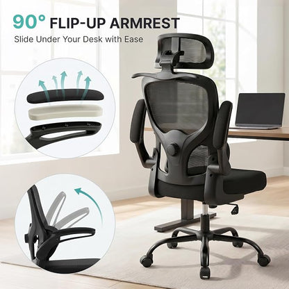 Ergonomic Mesh Office Chair,330LB Capacity High Back Desk Chair with Adjustable Lumbar Support, Adjustable Headrest & Flip-Up Arms,Breathable Computer Chair for Home Office,Work & Study,2pcs