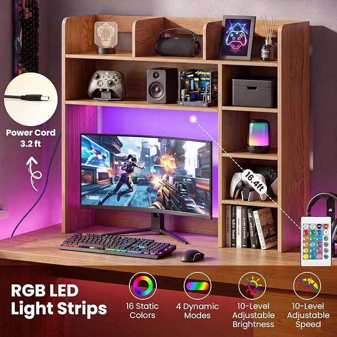 LDAILY Desktop Bookshelf with LED Lights, 35.5’’ Wooden Desk Shelf with 8 Cubes & 3 Adjustable Storage Shelves, 5-Tier Desk Hutch for Dorm College Office Computer Monitor Up to 25’’(Natural)