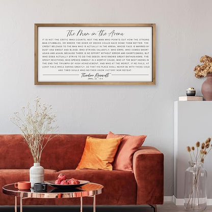 flangairy The Man In The Arena Wall Art Framed 24.8x12.6inch, Wood Motivational Office Wall Decor for Men, Inspirational Positive Famous Quotes Home Decor