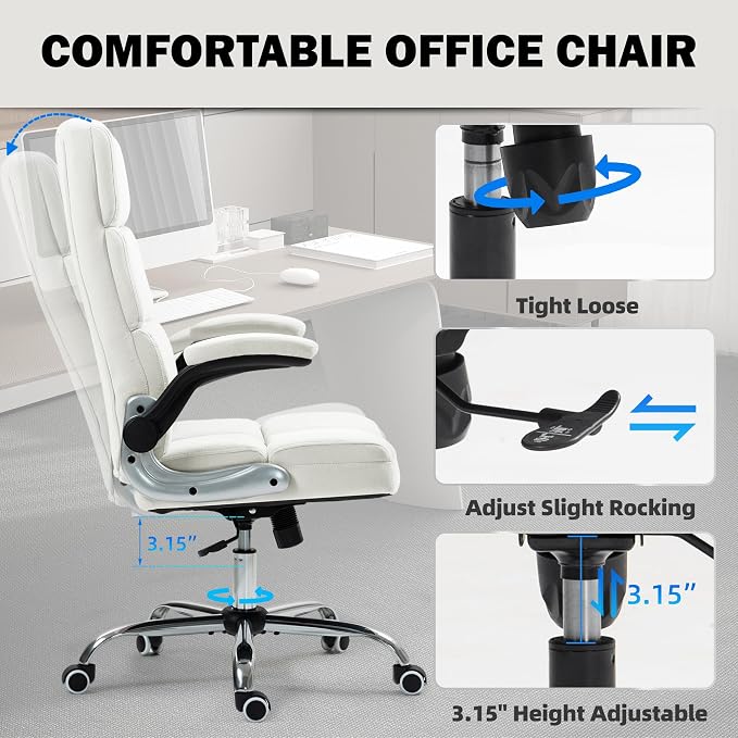 ECOTOUGE Executive Office Chair, Velvet Ergonomic Comfy Desk Chair, High Back Computer Chair with Adjustable Tilt Angle and Flip-up Arms, Beige, Without Footrest