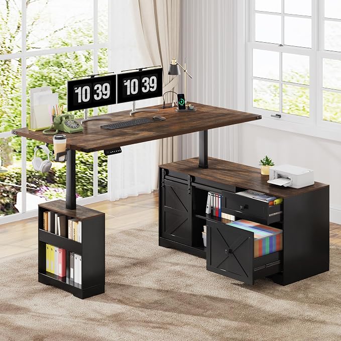 St.Mandyu 55" L Shaped Electric Standing Desk with File Drawer & Sliding Door, Height Adjustable Sit Stand Corner Computer Desk with Power Outlets, Drawers & Cup Holder for Home Office, Black