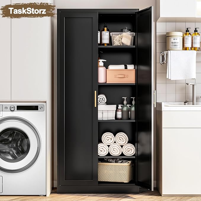71" Tall Kitchen Pantry Cabinet, Metal Kitchen Pantry Storage Cabinet with Doors and 4 Adjustable Shelves, Black Pantry Cabinet for Living, Dining Room, Bathroom
