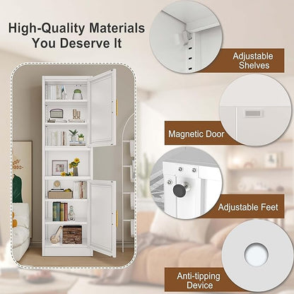 pozdeg 67" Tall Narrow Storage Cabinet, Metal Bathroom Cabinet with 2 Doors & 4 Adjustable Shelves, Freestanding Slim Pantry Organizer for Bathroom Kitchen Living Room (White)