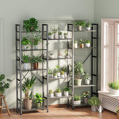SUPERJARE Triple Bookshelf, Bookcase with 14 Open Display Shelves, Wide Book Shelf Book Case for Home & Office, 5 Tier, Grey