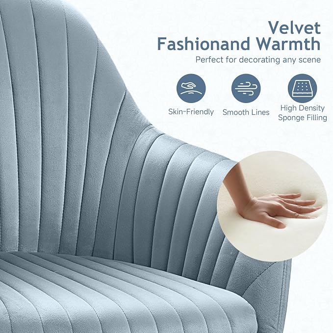 Warmiehomy Velvet Desk Chair for Home Office, Girls' Vanity Chairs with Arm Rest, Office Chair with Wheels, Computer Chair for Room, Velvet Dusk Blue