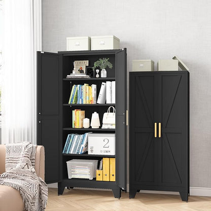 Baborokic 71H Tall Metal Storage Cabinet with 2 Doors and Adjustable Shelves,Farmhouse Storage Cabinet with Barn Doors,Pantry Storage for Home,Office,Bathroom,Dining Room,Kitchen(Black)