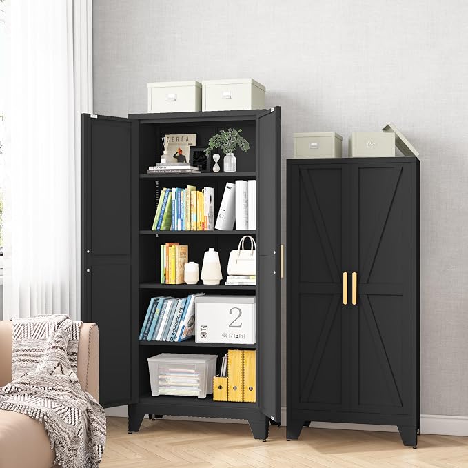 Baborokic 61H Metal Storage Cabinet with 2 Doors and Adjustable Shelves,Farmhouse Storage Cabinet with Barn Doors,Pantry Storage for Home,Office,Dining Room,Kitchen(Black)